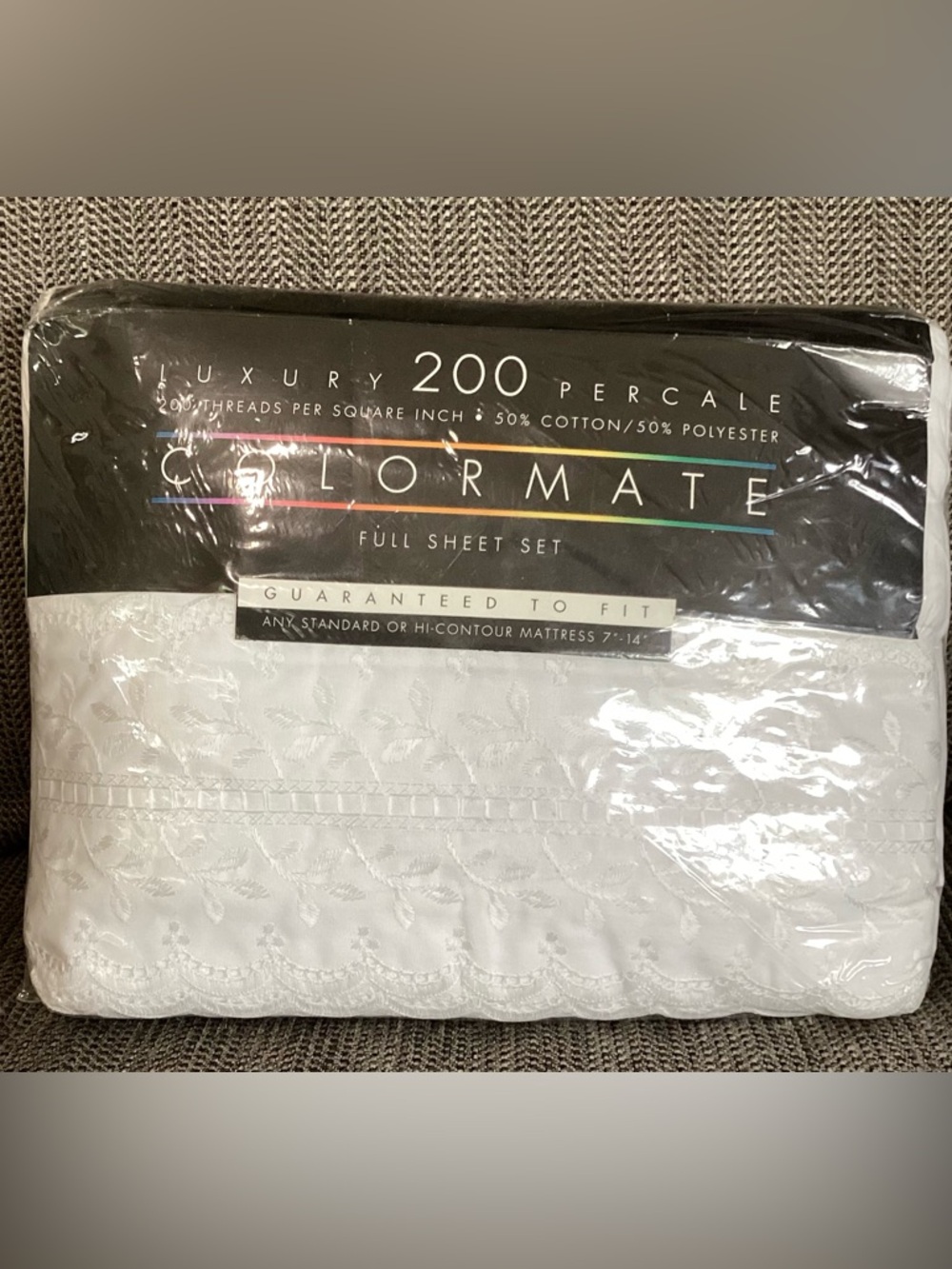 Vintage Colormate Full Sheet Set, White Embroidered, Percale Cotton/Poly NOS